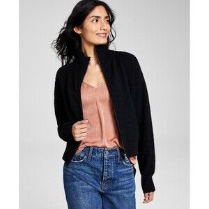 And Now This Women's Scalloped-Stripe Full-zip Casual sweater Cardigan Black XL